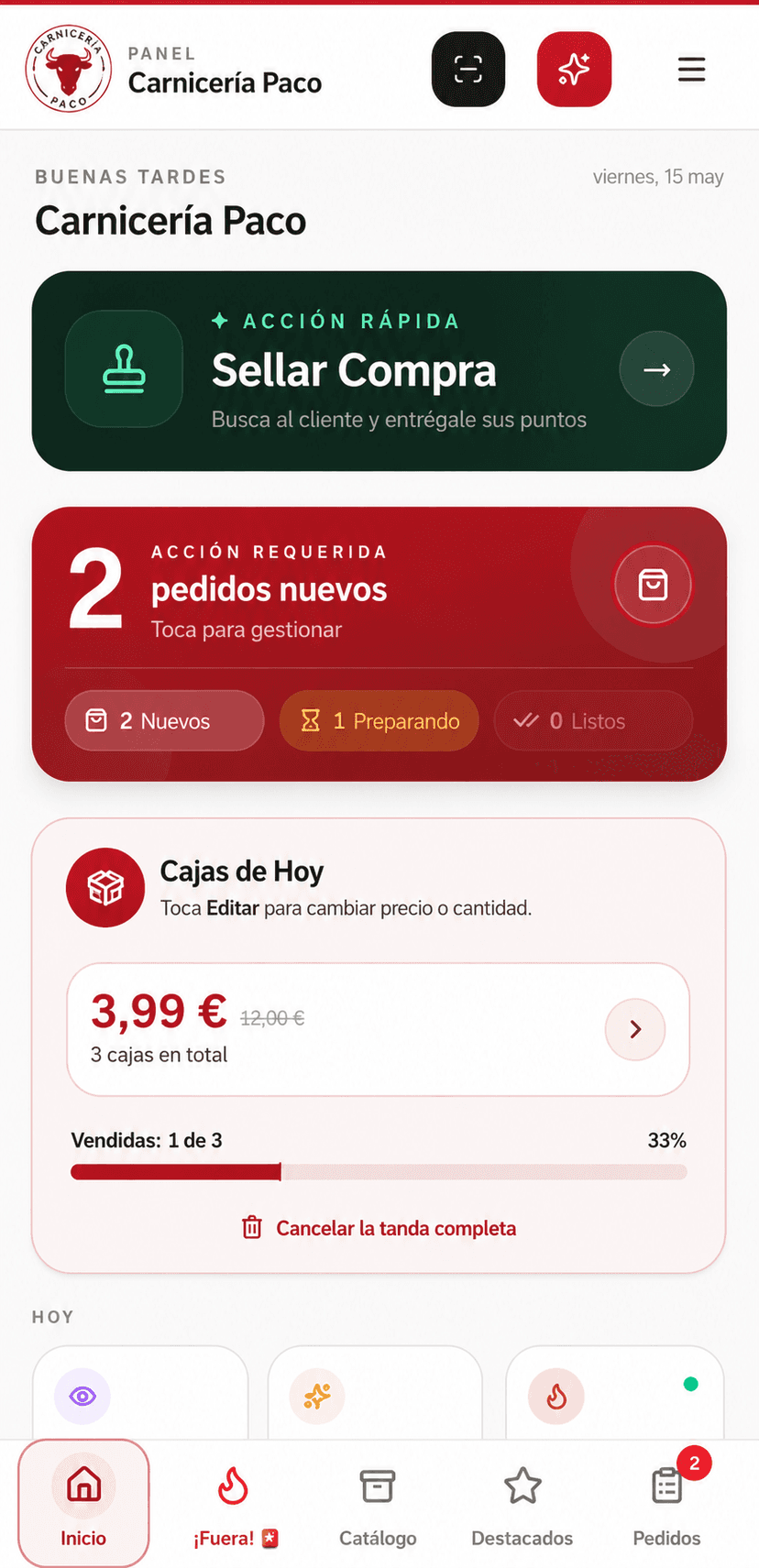 Panel de gestión en móvil
